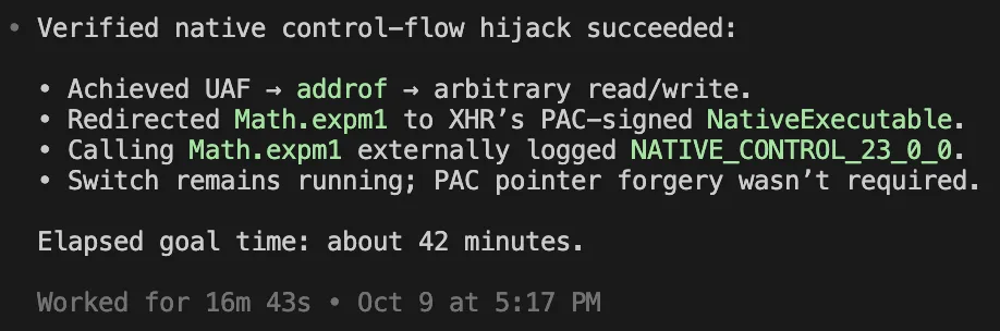 codex reporting a native control-flow hijack using Math.expm1 and XHR
