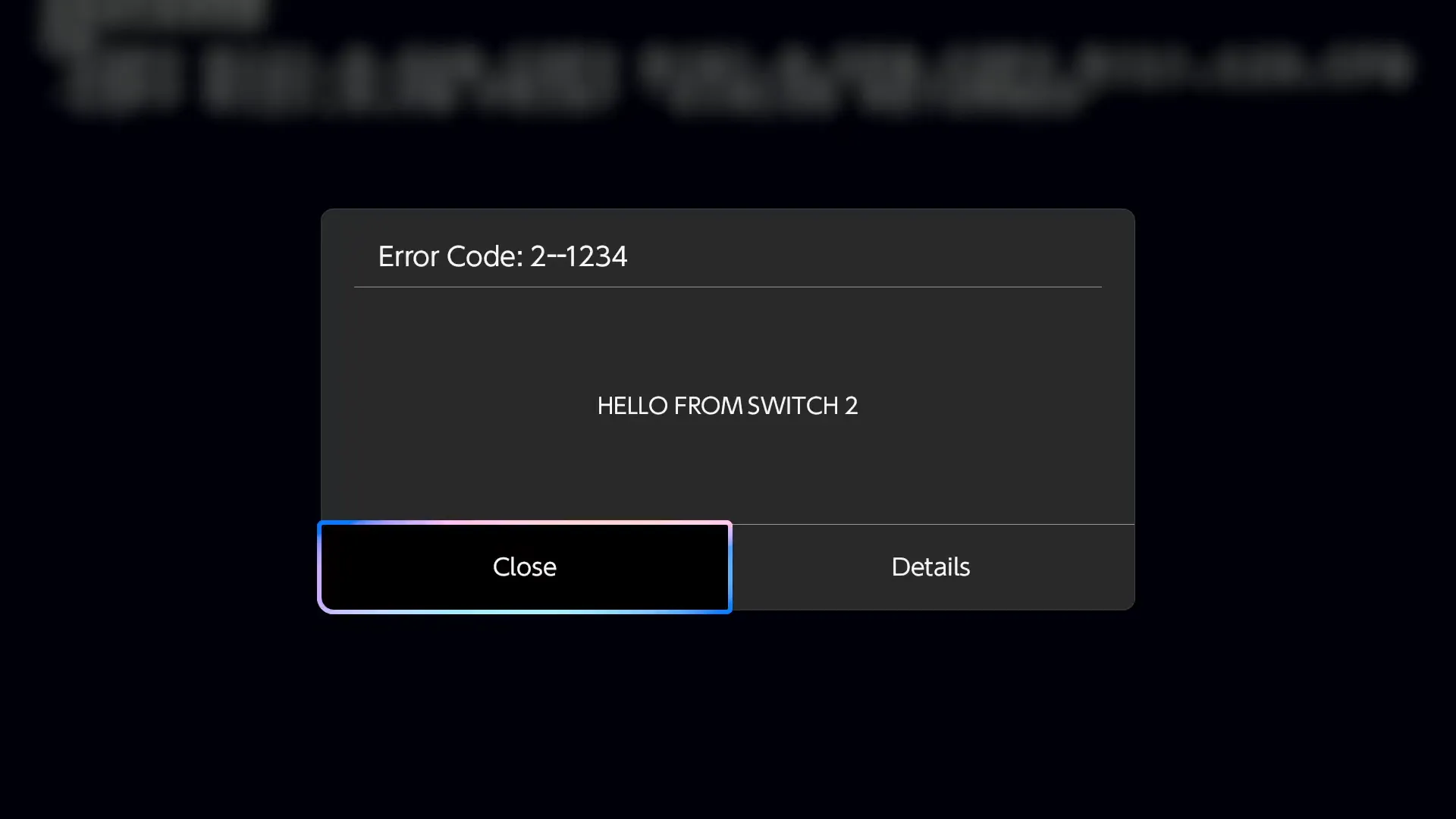 error dialog displaying HELLO FROM SWITCH 2