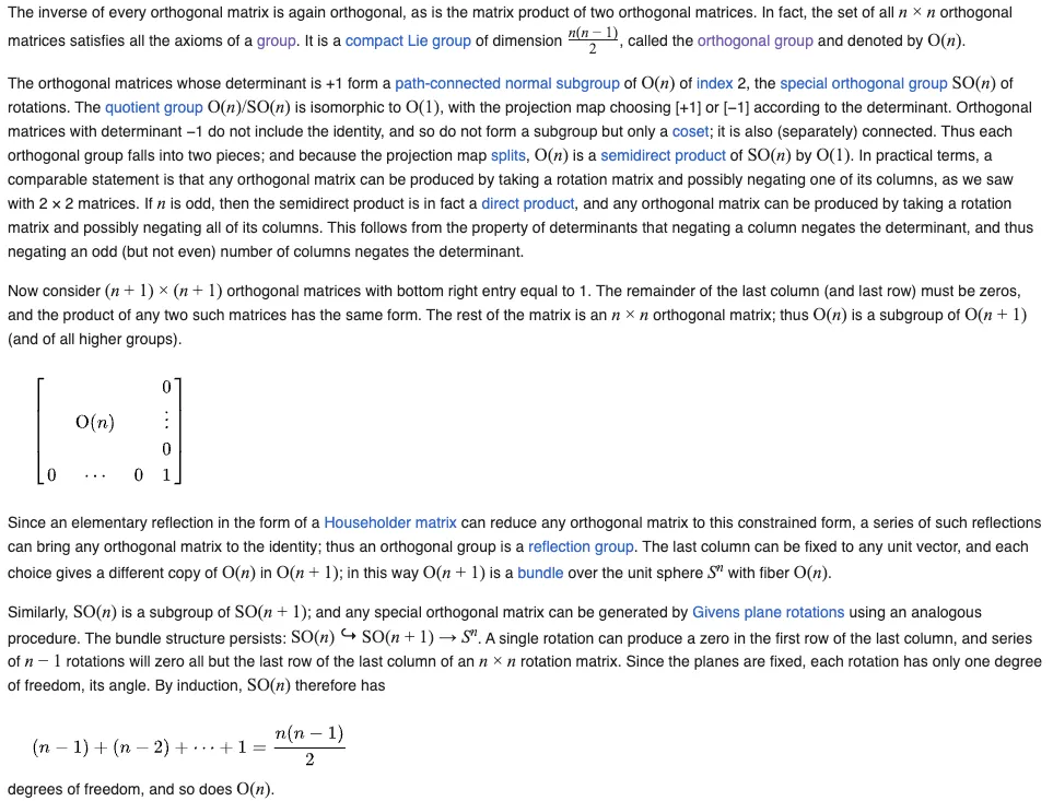 Wikipedia&#x27;s explanation on the degrees of freedom of an orthogonal matrix